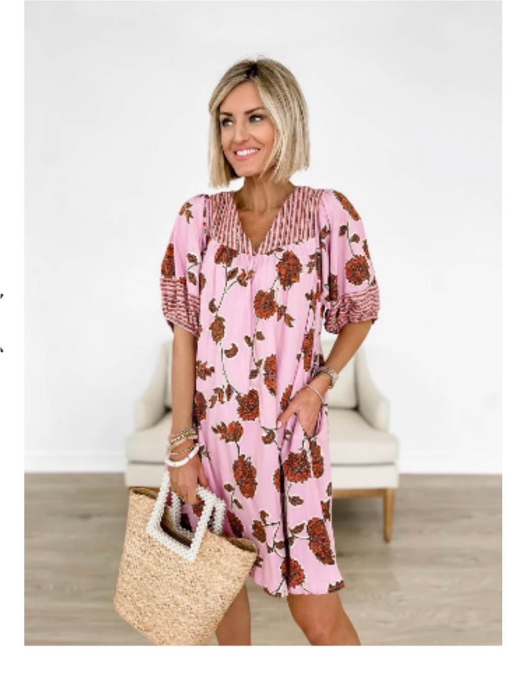 Knox Rose Pink Floral Boho Midi Dress w/ pockets. Size L - Picture 12 of 12